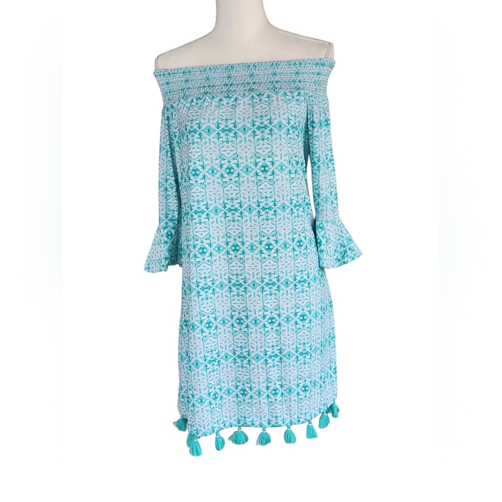 Cabana Life Off-Shoulder Turquoise Tile Print Cover-Up Dress with Tassels - Picture 3 of 10